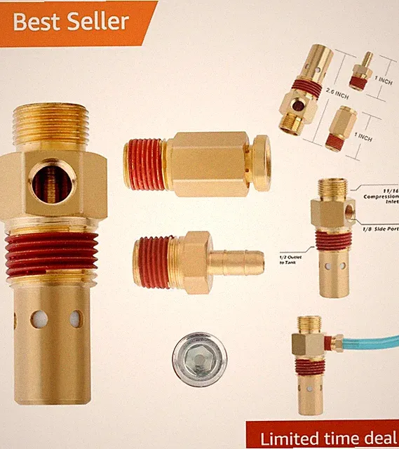 Brass 1/2 Inch MNPT Air Compressor Check Valve Kit with 3 Unloader Fittings