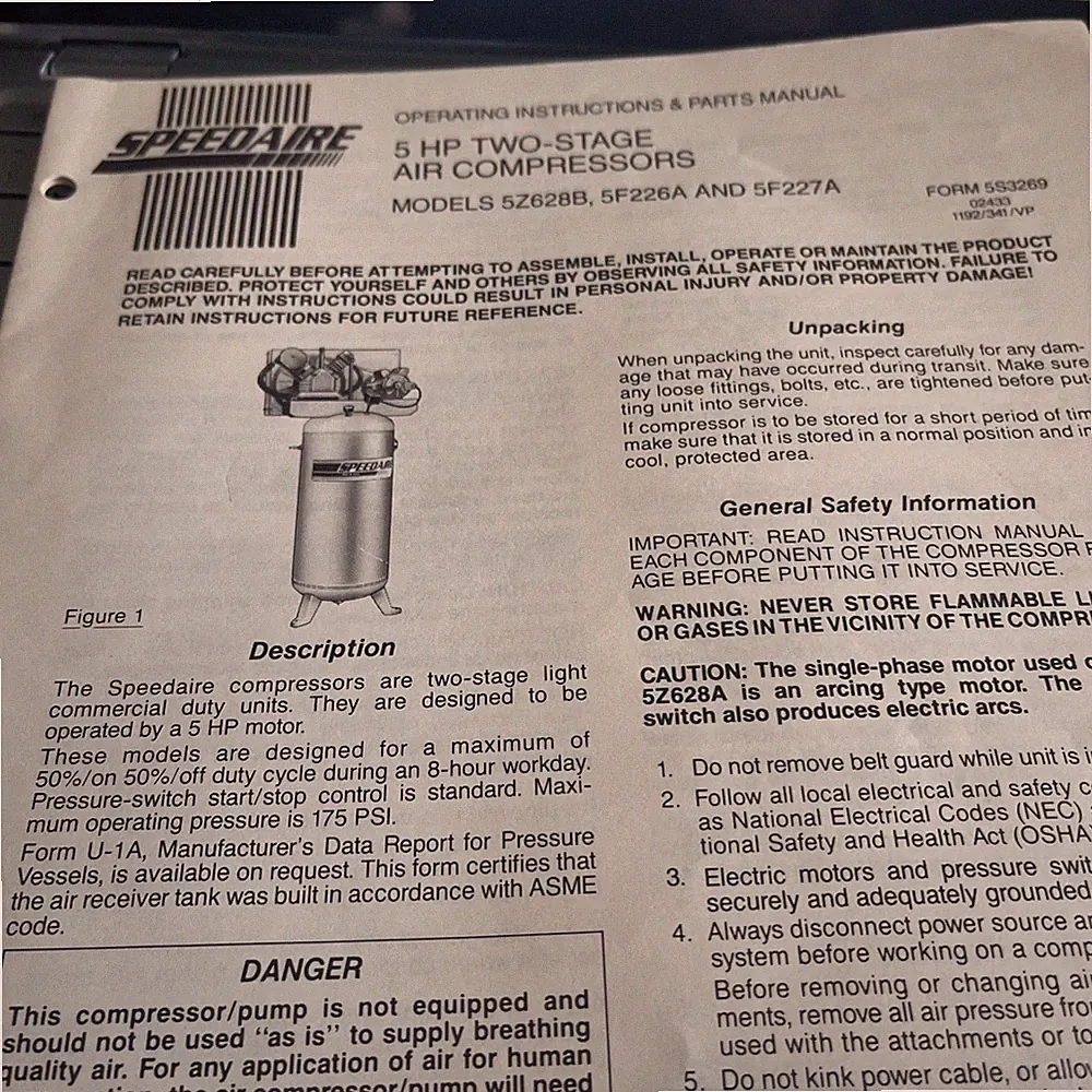 Operating Instructions & Parts Manual SPEEDAIRE 5hp 2stage Air Compressor