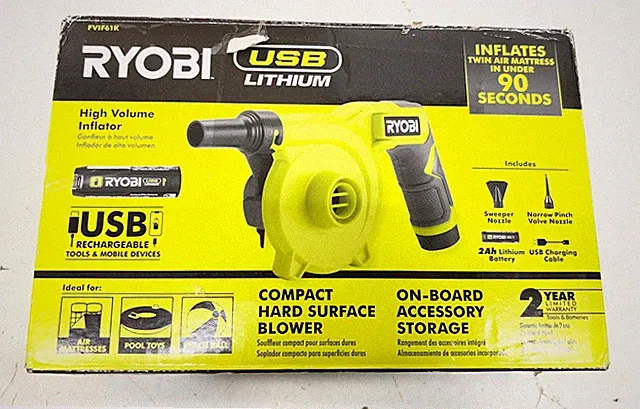 Ryobi USB Cordless High Volume Inflator USB Lithium 2 Ah Battery +Charging Cable